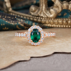 1 Carat Oval Cut Emerald Engagement Ring Half Eternity Halo Promise Ring