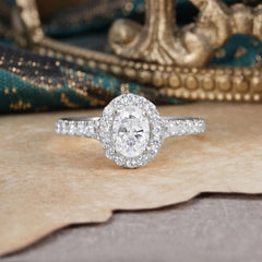 1 Carat Oval Cut Moissanite Engagement Ring Half Eternity Halo Promise Ring