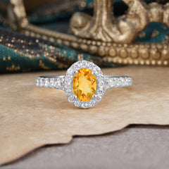 1 Carat Oval Cut Citrine Engagement Ring Half Eternity Halo Promise Ring