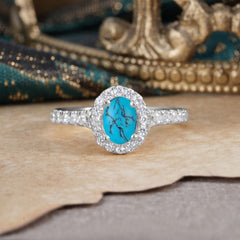 1 Carat Oval Cut Turquoise Engagement Ring Half Eternity Halo Promise Ring
