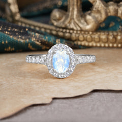 1 Carat Oval Cut Moonstone Engagement Ring Half Eternity Halo Promise Ring
