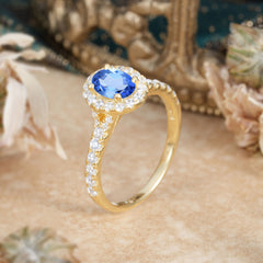 1 Carat Oval Cut Sapphire Engagement Ring Half Eternity Halo Promise Ring