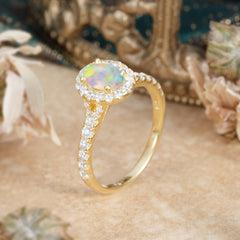 1 Carat Oval Cut Opal Engagement Ring Half Eternity Halo Promise Ring