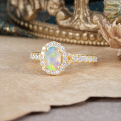 1 Carat Oval Cut Opal Engagement Ring Half Eternity Halo Promise Ring