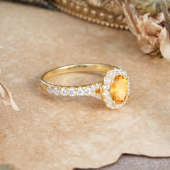 1 Carat Oval Cut Citrine Engagement Ring Half Eternity Halo Promise Ring