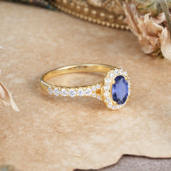 1 Carat Oval Cut Tanzanite Engagement Ring Half Eternity Halo Promise Ring