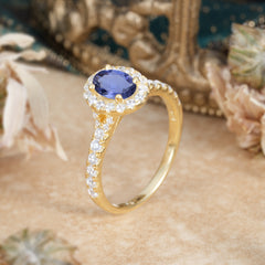 1 Carat Oval Cut Tanzanite Engagement Ring Half Eternity Halo Promise Ring