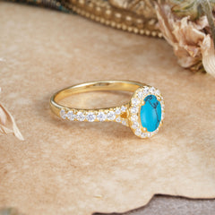 1 Carat Oval Cut Turquoise Engagement Ring Half Eternity Halo Promise Ring