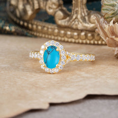1 Carat Oval Cut Turquoise Engagement Ring Half Eternity Halo Promise Ring