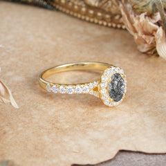 1 Carat Oval Cut Black Rutilated Quartz Engagement Ring Half Eternity Halo Promise Ring