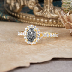 1 Carat Oval Cut Black Rutilated Quartz Engagement Ring Half Eternity Halo Promise Ring