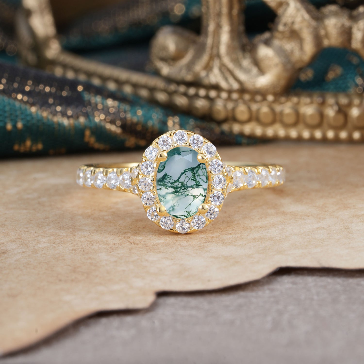 1 Carat Oval Cut Moss Agate Engagement Ring Half Eternity Halo Promise Ring