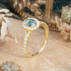 1 Carat Oval Cut Moss Agate Engagement Ring Half Eternity Halo Promise Ring