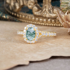 1 Carat Oval Cut Moss Agate Engagement Ring Half Eternity Halo Promise Ring