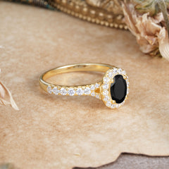 1 Carat Oval Cut Black Onyx Engagement Ring Half Eternity Halo Promise Ring