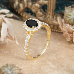 1 Carat Oval Cut Black Onyx Engagement Ring Half Eternity Halo Promise Ring
