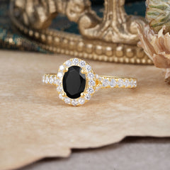 1 Carat Oval Cut Black Onyx Engagement Ring Half Eternity Halo Promise Ring