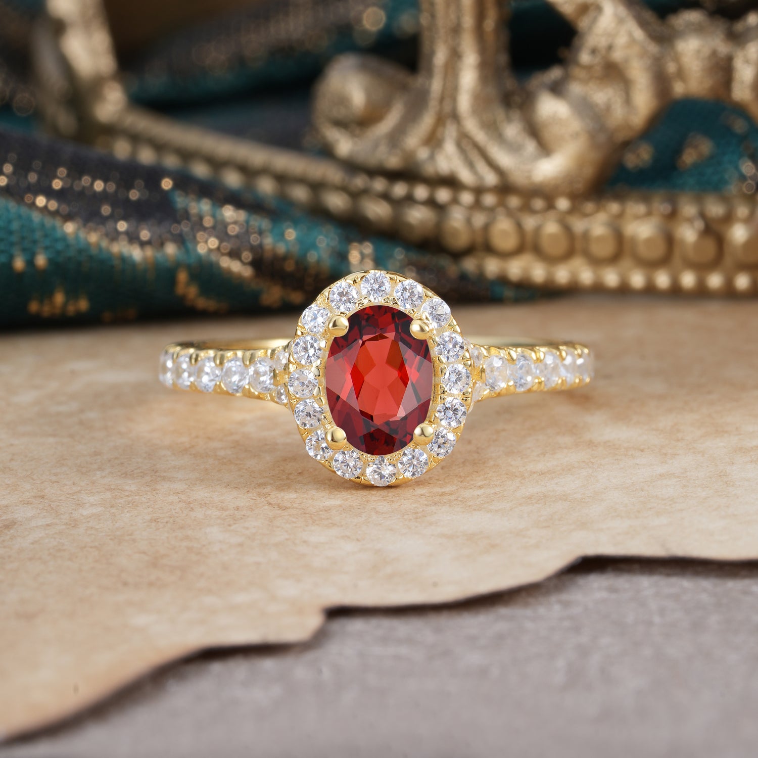 1 Carat Oval Cut Garnet Engagement Ring Half Eternity Halo Promise Ring
