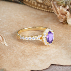 1 Carat Oval Cut Amethyst Engagement Ring Half Eternity Halo Promise Ring