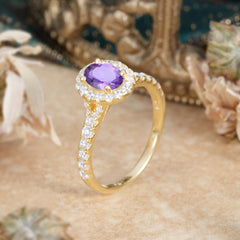 1 Carat Oval Cut Amethyst Engagement Ring Half Eternity Halo Promise Ring
