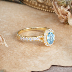 1 Carat Oval Cut Aquamarine Engagement Ring Half Eternity Halo Promise Ring