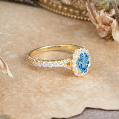 1 Carat Oval Cut Aquamarine Engagement Ring Half Eternity Halo Promise Ring