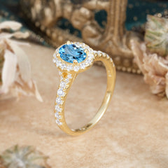 1 Carat Oval Cut Aquamarine Engagement Ring Half Eternity Halo Promise Ring