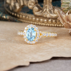 1 Carat Oval Cut Aquamarine Engagement Ring Half Eternity Halo Promise Ring