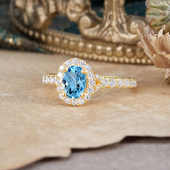 1 Carat Oval Cut Aquamarine Engagement Ring Half Eternity Halo Promise Ring