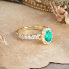 1 Carat Oval Cut Emerald Engagement Ring Half Eternity Halo Promise Ring