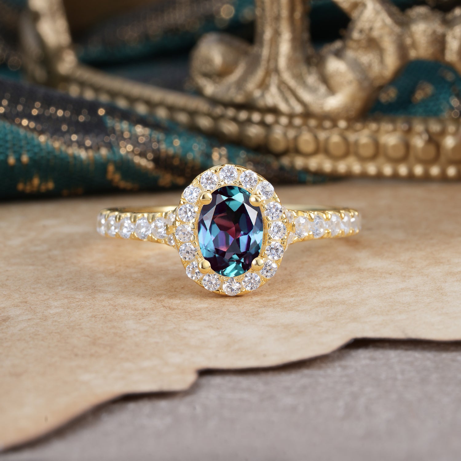 1 Carat Oval Cut Alexandrite Engagement Ring Half Eternity Halo Promise Ring