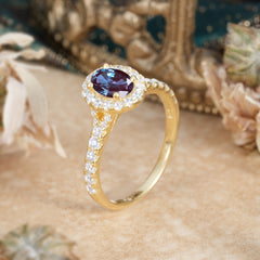 1 Carat Oval Cut Alexandrite Engagement Ring Half Eternity Halo Promise Ring