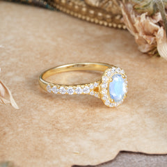 1 Carat Oval Cut Moonstone Engagement Ring Half Eternity Halo Promise Ring