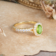 1 Carat Oval Cut Peridot Engagement Ring Half Eternity Halo Promise Ring
