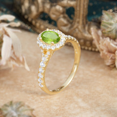 1 Carat Oval Cut Peridot Engagement Ring Half Eternity Halo Promise Ring