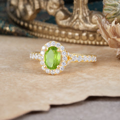 1 Carat Oval Cut Peridot Engagement Ring Half Eternity Halo Promise Ring