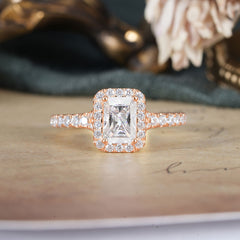 1 Carat Emerald Cut Moissanite Classic Halo Engagement Ring