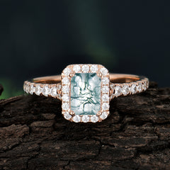 1 Carat Moss Agate Cut Classic Halo Emerald Engagement Ring