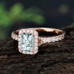 1 Carat Moss Agate Cut Classic Halo Emerald Engagement Ring