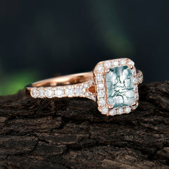 1 Carat Moss Agate Cut Classic Halo Emerald Engagement Ring