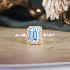 1 Carat Emerald Cut Aquamarine Classic Halo Engagement Ring