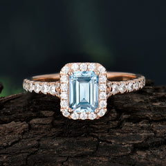 1 Carat Emerald Cut Aquamarine Classic Halo Engagement Ring