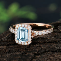 1 Carat Emerald Cut Aquamarine Classic Halo Engagement Ring