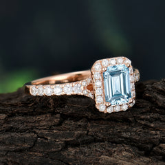 1 Carat Emerald Cut Aquamarine Classic Halo Engagement Ring