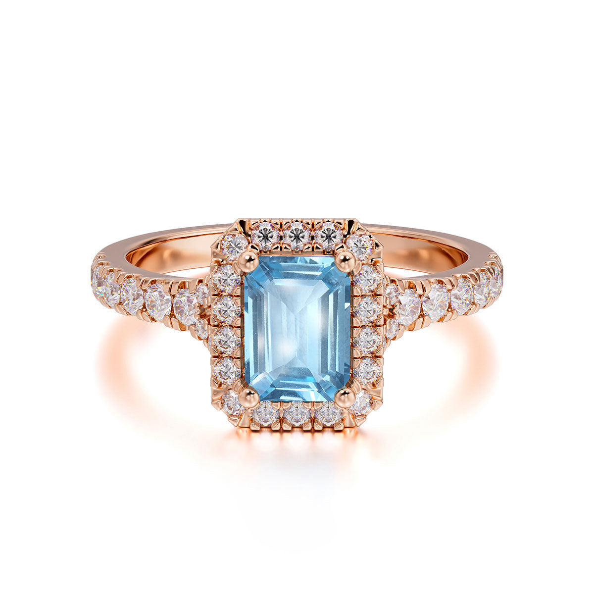 1 Carat Emerald Cut Aquamarine Classic Halo Engagement Ring