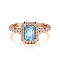 1 Carat Emerald Cut Aquamarine Classic Halo Engagement Ring
