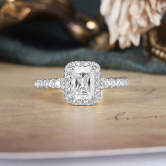 1 Carat Emerald Cut Moissanite Classic Halo Engagement Ring