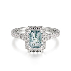 1 Carat Moss Agate Cut Classic Halo Emerald Engagement Ring