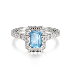 1 Carat Emerald Cut Aquamarine Classic Halo Engagement Ring