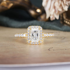 1 Carat Emerald Cut Moissanite Classic Halo Engagement Ring